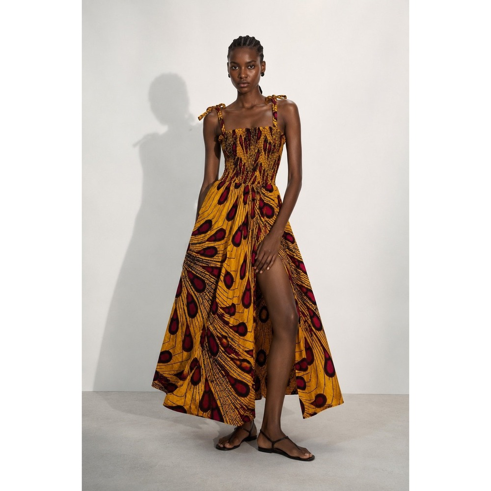 ÖFUURE African Print Maxi Dress Yellow Red Smocked Bodice Pockets 2/3XL $320
